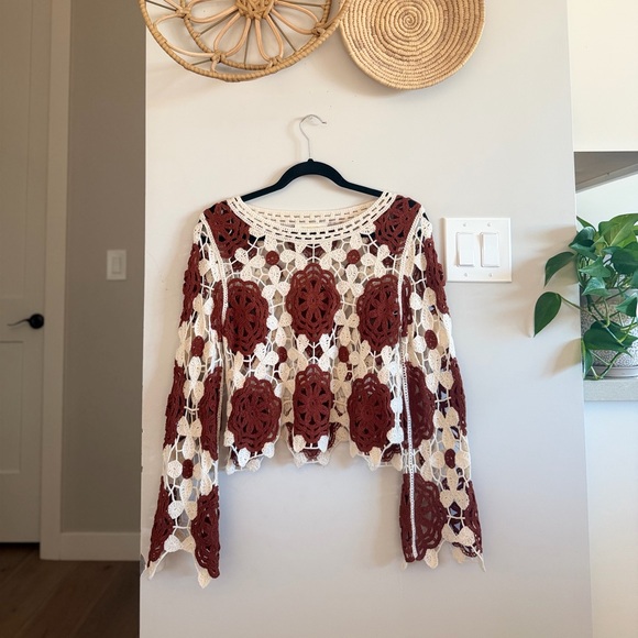 Rebellion Tops - Rebellion Crochet Floral Openwork Sweater - Cream & Rust